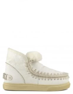 Mou Apres Ski Femme Eskimo Sneaker Rhinestone Logo Cuir Blanc